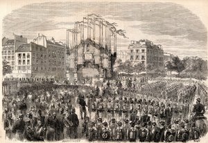 Die Feste in Paris, Einzug der italienischen Armee in Paris, Triumphbogen an der Place de la Bastille, Darstellung der Front des Mailänder Doms - Rückkehr der Truppen nach dem Risorgimento, Paris. von Unknown artist