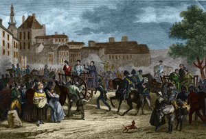 Die vier Sergeanten werden zum Schafott geführt: Die vier Sergeanten (Bories, Pomier, Raoulx und Goudin) von La Rochelle, die unter der Restauration beschuldigt wurden, die Monarchie stürzen zu wollen, und 1822 guillotiniert wurden. Ihr Verbrechen war die 