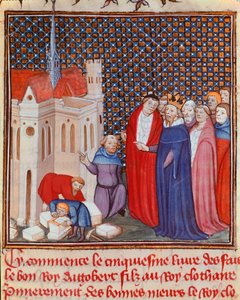 Der Frankenkönig Dagobert I. beaufsichtigt den Bau eines Gebäudes (Miniatur aus „Les grandes Chroniques de France“ oder „Les Chroniques de Saint Denis“)