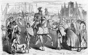 Die Franzosen zogen am 23. Juni 1451 unter Karl VII. nach Bordeaux, das Ende der Rückeroberung gegen die Engländer. Gravur des 19. Jahrhunderts