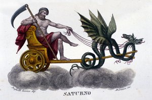 Der Gott Saturn (oder Kronos) auf einem von zwei Drachen gezogenen Wagen. Nach einer Illustration von Raffaello Sanzio. Gravur des 19. Jahrhunderts