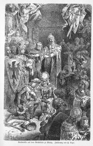 Der große Kaiser Friedrich Barbarossa hält Hof in Mainz - Friedrich I. von Hohenstaufen, genannt Friedrich Barbarossa, empfängt in Mainz das Kreuz des Bischofs Gerard von Würzburg - Gravur in „Kaiser, König und Papst“ von Richard Roth von Unknown artist