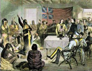 Der Indianerkrieg in den Vereinigten Staaten - der „Sitting Bull“ Rat mit Sitting Bull und Buffalo Bill in Fort Walsh, britisches Territorium, Oktober 1877