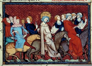 Der König von Frankreich Ludwig IX. (Saint Louis) (1214-1270) erzählt seinen Miniaturkaplänen seine Stunden. Miniatur aus einem Manuskript „Leben und Wunder des heiligen Louis“ von Wilhelm von Saint Pathus von Unknown artist