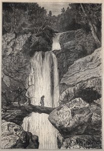 Der Linklater-Wasserfall - Illustration des 19. Jahrhunderts für den historischen Roman „The Puritans of Scotland“ (Old Mortality) von Walter Scott von Unknown artist
