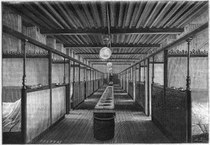 Die Monge-Schule im Jahr 1884 in Paris. Ein Schlafsaal mit Waschbecken. in „Nature. Revue der Wissenschaften und ihrer Anwendungen in Kunst und Industrie.“