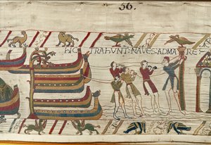 Die Normannen ziehen ihre Schiffe ins Meer, Teppich von Bayeux