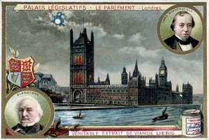 Der Palast von Westminster, oder Parlament von London (England), mit Porträts von William Ewart Gladstone (1809-1898) und Benjamin Disraeli, Lord Beaconsfield (1804-1881) von Unknown artist