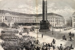 Die Pariser Feste, die italienische Armee defiliert vor dem Kaiser auf der Place Vendome - Italienkrieg - Rückkehr der Truppen, Place Vendome, Paris, Begrüßung durch Napoleon III. von Unknown artist