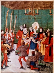 Die Königin überreicht dem Sieger des Miniaturturniers den Preis aus dem Manuskript ms. 2695 „Das Buch der Turniere von René d