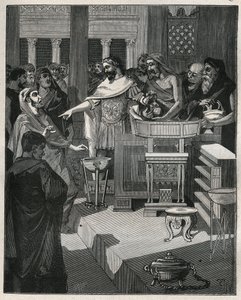 Der römische Kaiser Caligula (12-41) in einem Brocanter in Gallien. Gravur von 1885 in „Les arts et métiers illustrés“ von Adolphe Bitard.