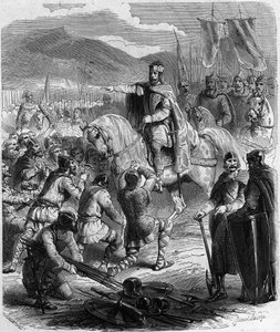 Die Unterwerfung der Sachsen im Jahr 785 - Geschichte Galliens im Mittelalter: Die Sachsen Germaniens knien vor König Karl dem Großen (742-814), dem Sieger der Kriege - Gravur in „Histoire De France En Hundred Paintings“ von Paul Lehugeur (1891) von Unknown artist