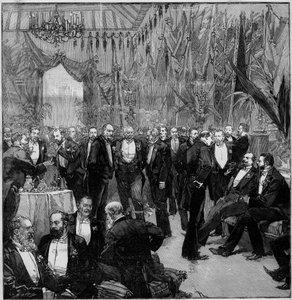 Das Suez-Bankett vereinte die wichtigsten Finanziers der Welt (Treffen der Mitglieder der Internationalen Kommission). Gravur in „The Illustrous World“ von Unknown artist