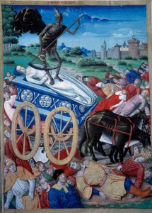 Der Triumph des Todes. Allegorische Darstellung des Todes mit einer Sense auf einem Wagen, Leichen liegen auf dem Boden. Miniatur aus 