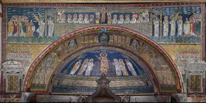 Die Vision des himmlischen Jerusalem: Die Auserwählten werden von den Engeln empfangen. Unten das Lamm Gottes. Detail. Mosaik um 830. Triumphbogen der Basilika Santa Prassede, Rom