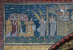 Die Vision des himmlischen Jerusalem: Die Auserwählten bewegen sich auf die von Engeln bewachte Stadt zu. Detail von Unknown artist