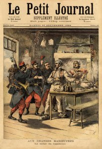 Das Unterkunftsticket, das von der Armee an ihre Soldaten im Feld ausgegeben wird, um Unterkunft von Zivilisten zu verlangen. Gravur in „Le petit journal“ 23/09/1893. Sammlung Selva