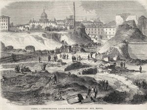 Das gallo-römische Amphitheater entdeckt in der Rue Monge in Paris im Jahr 1870, heute die Arenes de Lutèce. Gravur des 19. Jahrhunderts von Unknown artist