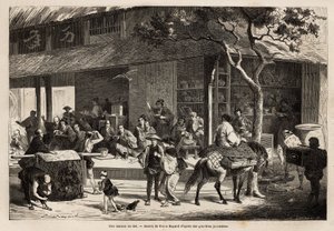 Die Animation eines Hauses und die Aktivitäten der Straße. Gravur zur Illustration der Reise nach Japan, 1863-1864, von Aime Humbert, Minister der Schweizerischen Eidgenossenschaft, in „Le tour du monde, nouveau journal des voyages“