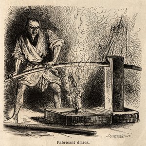 Der Bogenhersteller in seiner Werkstatt, setzt das Holz der Flamme eines Spänefeuers aus, um ihnen die notwendige Krümmung zu geben. Gravur zur Illustration der Reise nach Japan, von Aime Humbert, Minister der Schweizerischen Eidgenossenschaft, 1863-1864, 