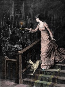 Das verfluchte Waffenlager: eine junge Frau steigt die Treppe hinunter und richtet die Kerze, die sie in der Hand hält, auf eine Rüstung. Illustration aus dem späten 19. Jahrhundert von Unknown artist