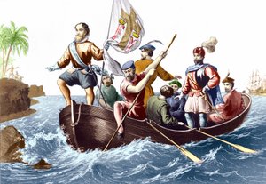Die Ankunft von Christoph Kolumbus in San Salvador am 12.10.1492. Gravur um 1876 von Unknown artist