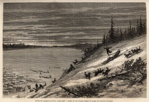 Die Ankunft von Passagieren mit Hundeschlitten am Yukon River (extremes Nordkanada), vollständig gefroren. Gravur zur Illustration der Reise und Abenteuer in Englisch-Kolumbien, Vancouver Island und Alaska, von Frederick Whymper