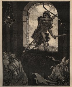 Die Kunst des Glases: bemalte Buntglasfenster. Theoderichs Soldaten zerbrechen ein Buntglasfenster, um in die Kirche von Brioude (Haute Loire) im Jahr 521 einzudringen. Gravur von 1885 in „Les arts et métiers illustrés“ von Adolphe Bitard.