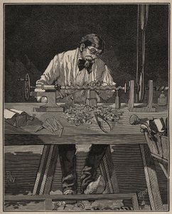 Die Kunst des Drehens: Bearbeitung einer Torso-Säule. Gravur von 1885 in „Les arts et métiers illustrés“ von Adolphe Bitard.