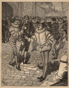 Die Kunst des Drehens: der Ball. König Heinrich III. (1551-1589) und seine Lieblinge spielen Bilboquet auf der Straße. Gravur von 1885 in „Les arts et métiers illustrés“ von Adolphe Bitard.