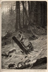 Der Autor und sein Reisender, Mcdonald, die Stromschnellen des Nittinaht-Flusses (Vancouver Island) auf einem provisorischen Floß hinunterfahrend. Gravur zur Illustration der Reise und Abenteuer in Englisch-Kolumbien, Vancouver Island und Alaska, von Frede von Unknown artist