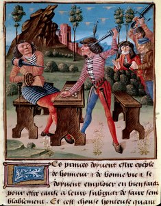 Die schlechten Auswirkungen des Spiels, des Diebstahls und des Kampfes. Zwei Spieler bedrohen sich mit ihren Waffen Miniatur aus „Das Buch der guten Sitten“ von Jacques der Große (1360-1415/1418), gewidmet Jean Herzog von Berry von Unknown artist
