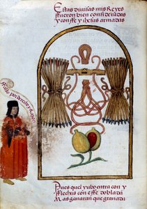 Das Armband und die Pfeile. Emblem der Katholischen Könige (Miniatur in „Devocionario de la Reyna Da Juana a Quien Llamaron la Loca“ von Pedro Marcuello