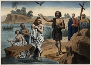 Die Taufe Christi. Anonyme Gravur aus der Mitte des 19. Jahrhunderts.
