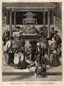Die Taufe des Buddha, ein jährliches Fest, das am 8. Tag des 4. Monats stattfindet, Gläubige begießen die für den Anlass vor den Tempeln ausgestellte Bronzestatue des Buddha. Gravur zur Illustration der Reise nach Japan, von Aime Humbert, Min