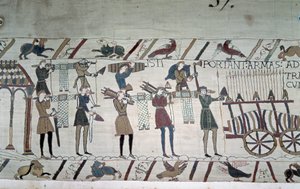 Die Schlacht zwischen den englischen Infanteristen (Harolds Truppen) und den normannischen Reitern (Guillaumes Truppen) - Teppich von Bayeux, bekannt als Stickerei der Königin Mathilde
