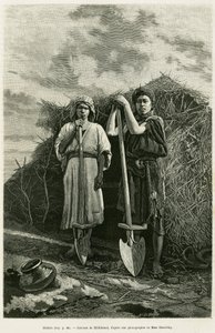 Die Bildars, Besitzer einer Hacke, sind beauftragt, die Abflüsse der Weizenfelder der Region Karoun zu graben. Gravur zur Illustration der Geschichte La Perse, la Chaldée et la Susiane von Jane Delafoy (1851-1916), Akademieoffizier, in Le tour du monde 188 von Unknown artist