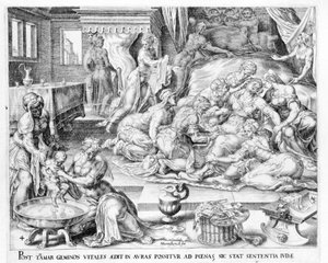 Die Geburt von Thamar. Gravur des 17. Jahrhunderts von Antonio Blocklaus