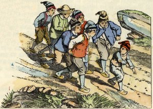Die Brüder folgen dem kleinen Poulet, der weiße Kieselsteine auf dem Weg verstreut hat. Illustration aus dem Märchen „Der kleine Däumling“ von Charles Perrault von Unknown artist