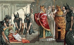 Die Beerdigung von Karl dem Großen im Jahr 814 in der Kathedrale von Aachen in Deutschland. Chromolithographie aus dem späten 19. Jahrhundert. von Unknown artist