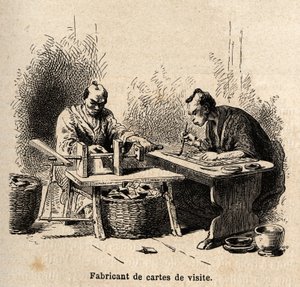Der Visitenkartenhersteller. Gravur zur Illustration der Reise nach Japan in den Jahren 1863-1864 von Aimé Humbert, Minister der Schweizerischen Eidgenossenschaft, in „Le tour du monde, nouveau journal des voyages“, herausgegeben von Edouard Charton