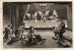 Das Schmetterlingsballett im Gankiro-Theater, im Vergnügungsviertel Miyozaki in Yokohama. Gravur zur Illustration der Reise nach Japan, von Aime Humbert, Minister der Schweizerischen Eidgenossenschaft, 1863-1864, veröffentlicht in "Le tour du monde" von Unknown artist