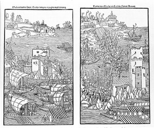 Die Eroberung von Rhodos durch die Türken 1522. Die Türken greifen die Festung St. Nikolaus an. Xylographie.