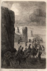 Die Karawane der Hadschis (muslimische Pilger) in Korantaghi (Persien, Iran). Zeichnung von Emile Bayard, zur Illustration der Reise nach Zentralasien im Jahr 1863 von Arminius Vambery (ungarischer Wissenschaftler verkleidet als Derwisch). Gravur in „Le to