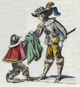 Der Kater und sein Herr, der Marquis de Carabas. Illustration aus Charles Perraults Märchen „Der gestiefelte Kater“