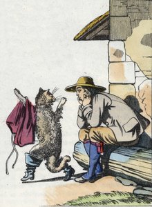 Der Kater bittet seinen Herrn um Kleidung und Stiefel und verspricht bald reich zu sein. Illustration des Märchens „Der gestiefelte Kater“ von Charles Perrault von Unknown artist