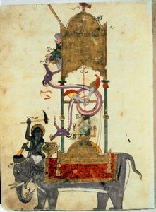 Die Wasseruhr in Form eines Elefanten. Eine mittelalterliche muslimische Erfindung, bestehend aus einer elefantenförmigen Wasseruhr, entworfen vom türkischen Ingenieur Ibn al-Rajjaj al-Jazari (1136-1206) um 1200 von Unknown artist