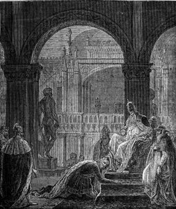 Der Konflikt zwischen Friedrich Barbarossa und Papst Alexander III. Demütigung von Kaiser Barbarossa im Dogenpalast in Venedig im Jahr 1177.