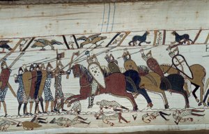 Die Eroberung Englands durch den Herzog der Normandie, Wilhelm der Eroberer (1027-1087) im Jahr 1066: Szene der Schlacht von Hastings zwischen der normannischen Infanterie und der sächsischen Kavallerie. Detail des Teppichs von Bayeux oder der Stickerei vo von Unknown artist