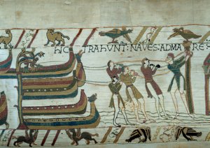 Die Eroberung Englands durch die Armee des Herzogs der Normandie Wilhelm der Eroberer (1027-1087): kaum gebaute Schiffe werden zu Wasser gelassen (Detail des Teppichs von Bayeux oder Stickerei von Königin Mathilde) von Unknown artist